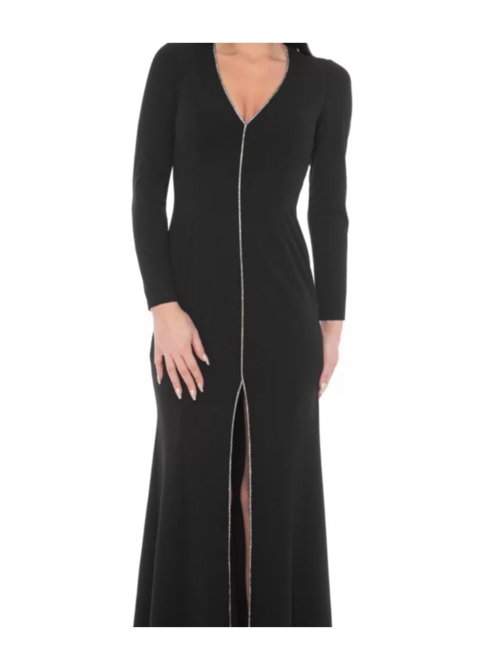 Oleg Cassini Black Long-Sleeve V-Neck Gown with Center Front Slit
